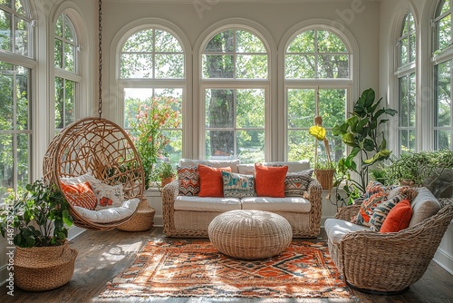  Bright and airy sunroom with large windows, white walls, wood floors, hanging chair, plush seating, and colorful throw pillows.