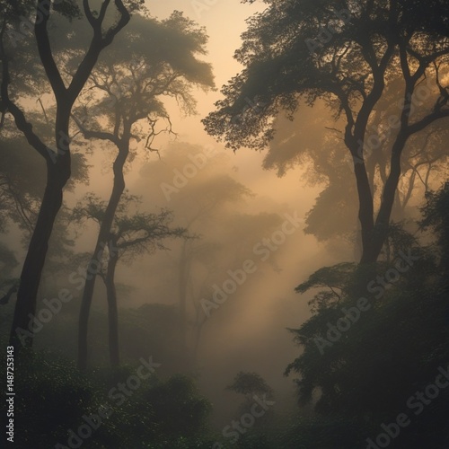 At dawn, a serene Indian jungle scene with towering trees, dense foliage, and misty mist creates a calm atmosphere, with warm golden light casting dappled shadows.