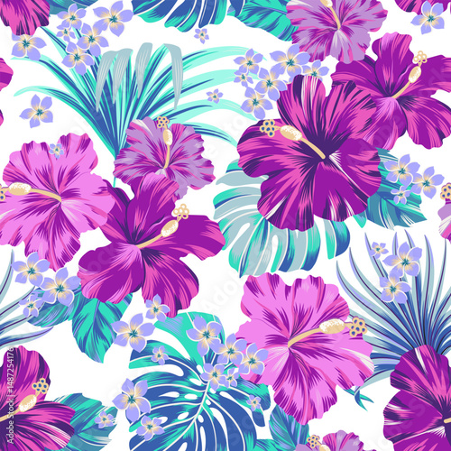 seamless pattern Exotic hawaiian tropical hibiscus flowers and palm on black background  artwork for fabrics, souvenirs, packaging, greeting cards and scrapbooking