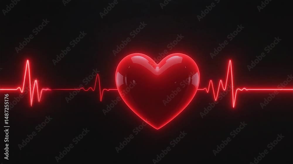 Matte red 3D heart pulsing with faint red glow, centered against black background