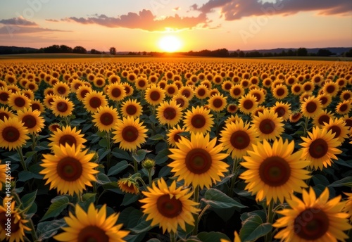 a sprawling sunflower field at sunset, with golden petals glowing warmly in the fading light.