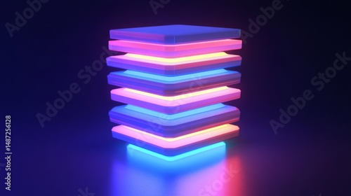 Glowing Neon Cube Stack Abstract Digital Art
