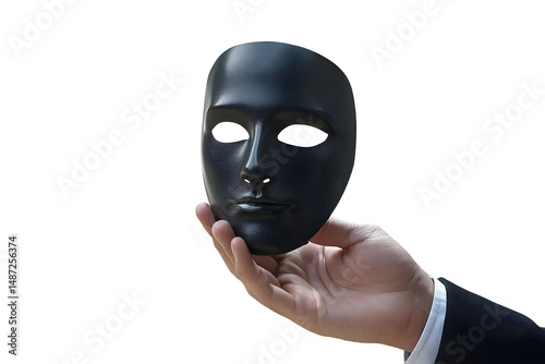 Select the focus of the black mask on the Businessman's hand holding it. photo