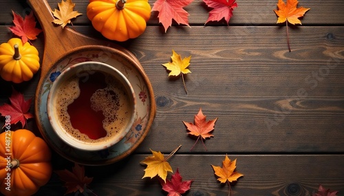 Wooden table with scattered autumn leaves and a warm drink , tea, still life, leaves