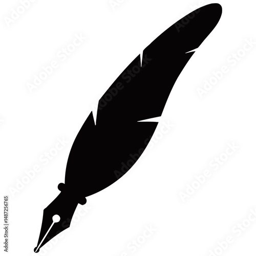 Silhouette vector of a quill pen with a feather nib, combining classic writing style and artistic symbolism in a simple black graphic, ideal for logos or vintage themes.