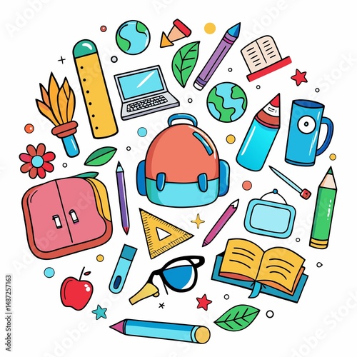 Colorful school supplies arranged in a circle