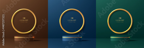Set of dark blue, green and brown round pedestal podium in 3D studio room. Luxury golden ring shape on wall scene. Abstract 3d vector rendering. Cosmetic product display presentation. Stage showcase.