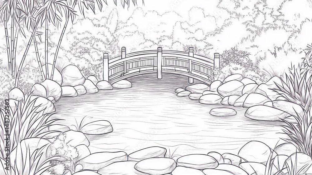 custom made wallpaper toronto digitalPeaceful Asian-style garden sketch, tranquil pond bridge, nature background