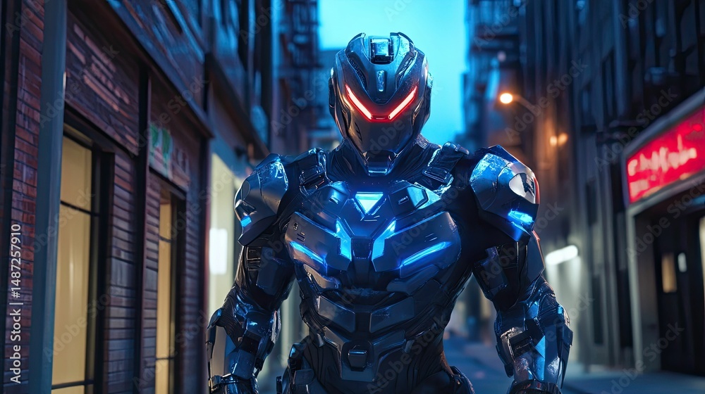 Futuristic armored figure stands in city alley. Futuristic armored figure stands in city alley.