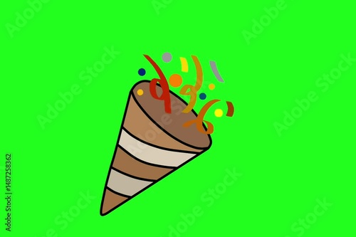 Party pooper emoji looping animation, colorful confetti isolated on a green background or green screen.