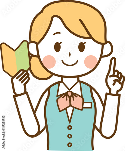 初心者マークを持っている受付スタッフの女性のイラスト