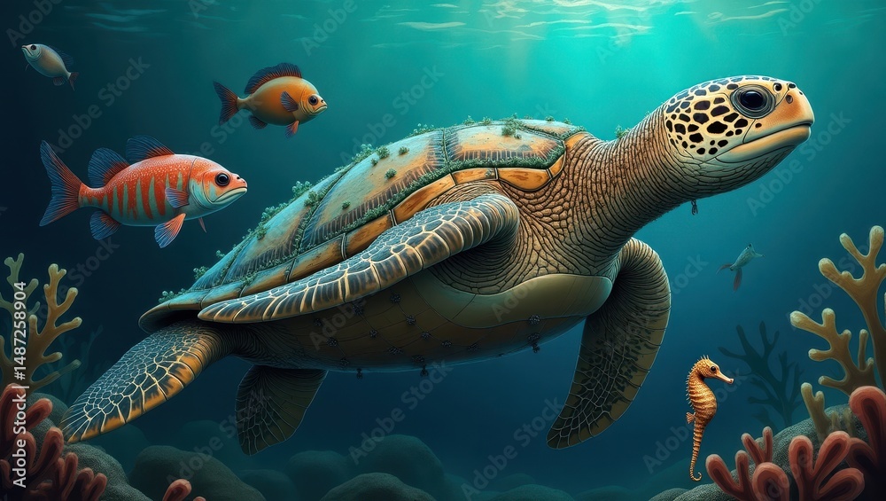 Fototapeta premium Majestic Sea Turtle Underwater Scene with Colorful Fish and Seahorse