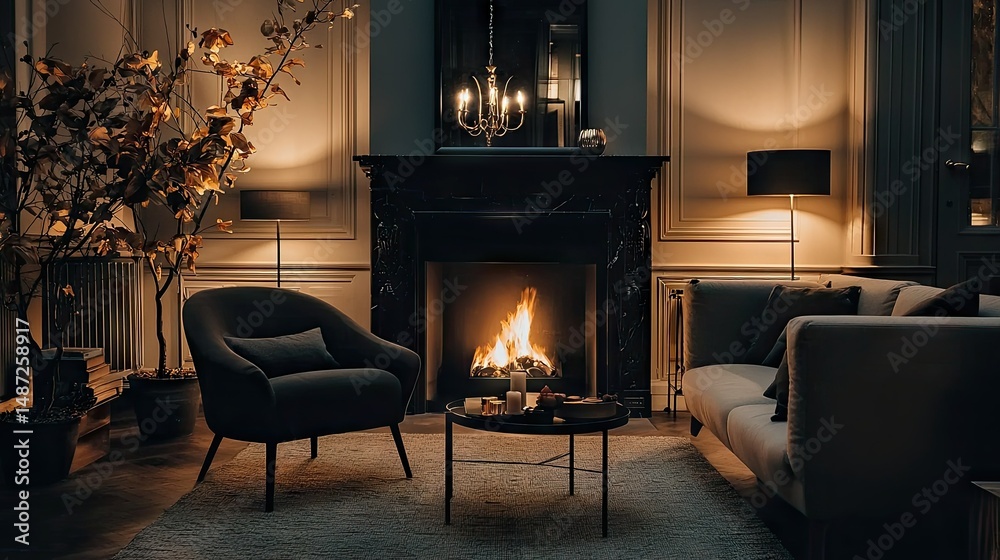 Fototapeta premium A cozy living room with a fireplace and inviting furniture