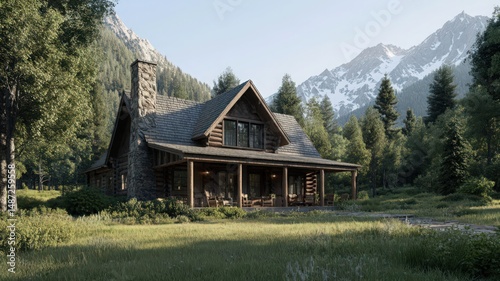 Rustic Log Cabin in Mountain Forest Landscape