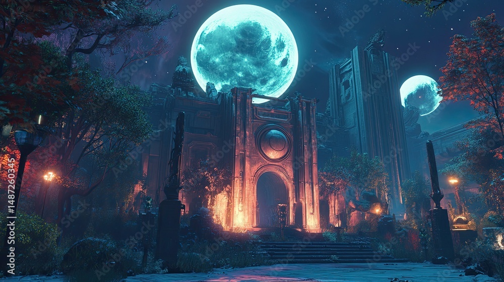 Obraz premium Ancient stone structure, moonlit night, overgrown foliage.