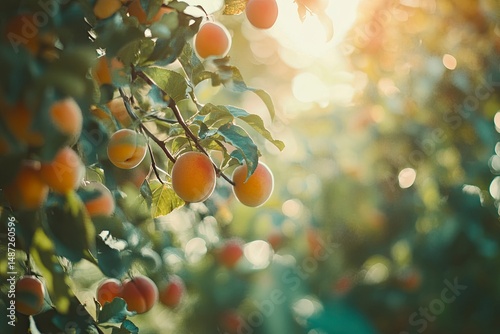 Ripe apricots hanging on the tree in summer, a natural background with soft focus and copy space for the text Ripened when the peach is at its prime, real photo. generative ai