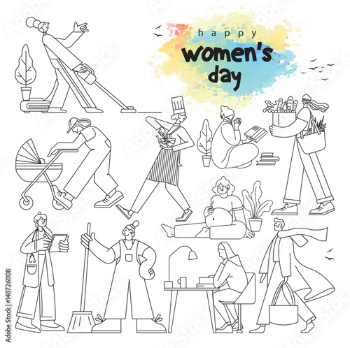 Happy Womens day concept vector Illustration. Womens day set with isolated human characters of Womens line art icon vector set. Flat vector cartoon characters isolated on white background.