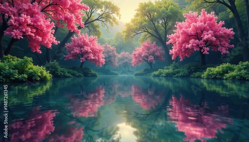 Intricate floral pattern reflected on calm lake surface, botanical, peaceful, soft