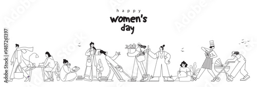 Happy Womens day concept vector Illustration. Womens day set with isolated human characters of Womens line art icon vector set. Flat vector cartoon characters isolated on white background.