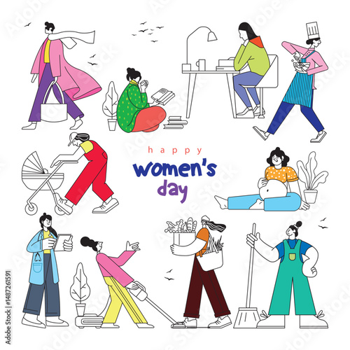 Happy Womens day concept vector Illustration. Womens day set with isolated human characters of Womens line art icon vector set. Flat vector cartoon characters isolated on white background.
