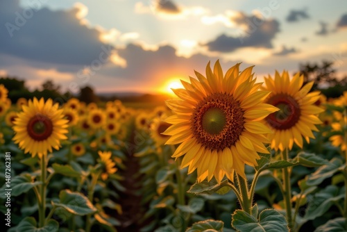 a sunset over a field of sunflowers turning toward the last rays of light, symbolizing renewable hope.