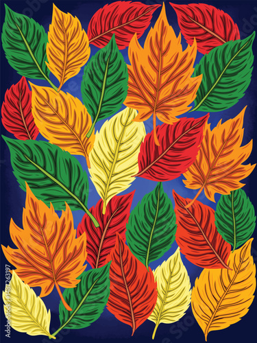 Colorful Autumn Leaves on a Dark Blue Background
