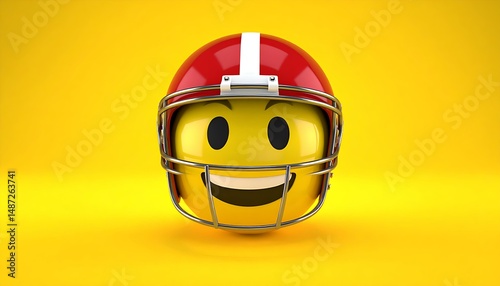 Happy Emoticon Wearing Red Football Helmet on Yellow Background