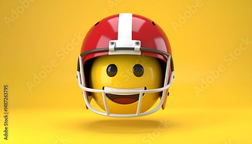 Smiling Emoji Wearing Red Football Helmet, Yellow Background