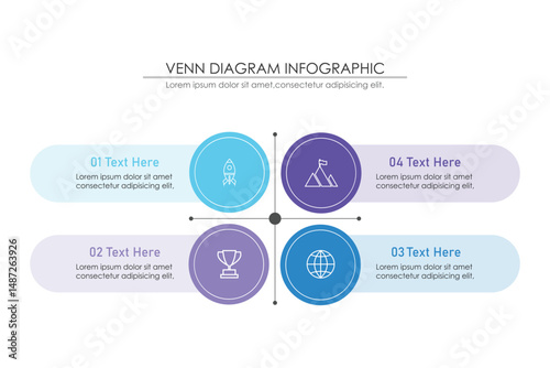 Venn diagram infographic chart template for business 3, 4, 6 parts, options, presentation with venn diagram elements vector illustration.