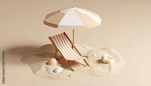 Beach Relaxation Striped Chair, Umbrella, Sand, Shells, Summer