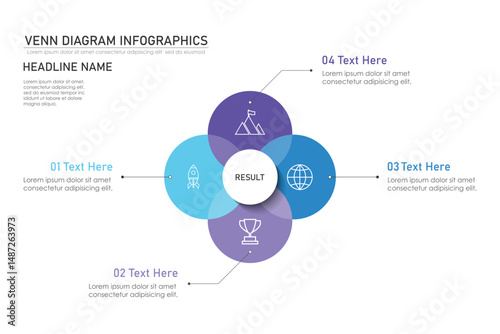 Venn diagram infographic chart template for business 3, 4, 6 parts, options, presentation with venn diagram elements vector illustration.