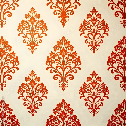 Red Damask Pattern: Elegant Floral Repeat Design on White Background