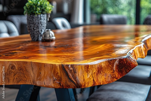A  large, polished wooden dining table with a unique edge.