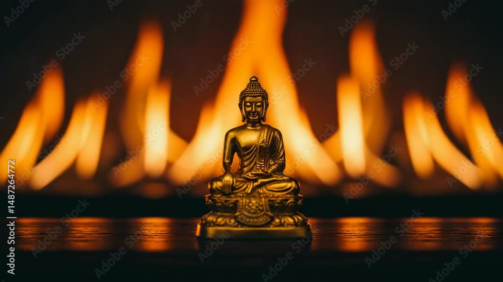 golden buddha statue miniature with flames motion background