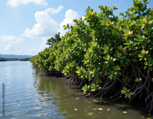 a dense mangrove forest protecting a coastal village from storm surges and providing habitat for wildlife.