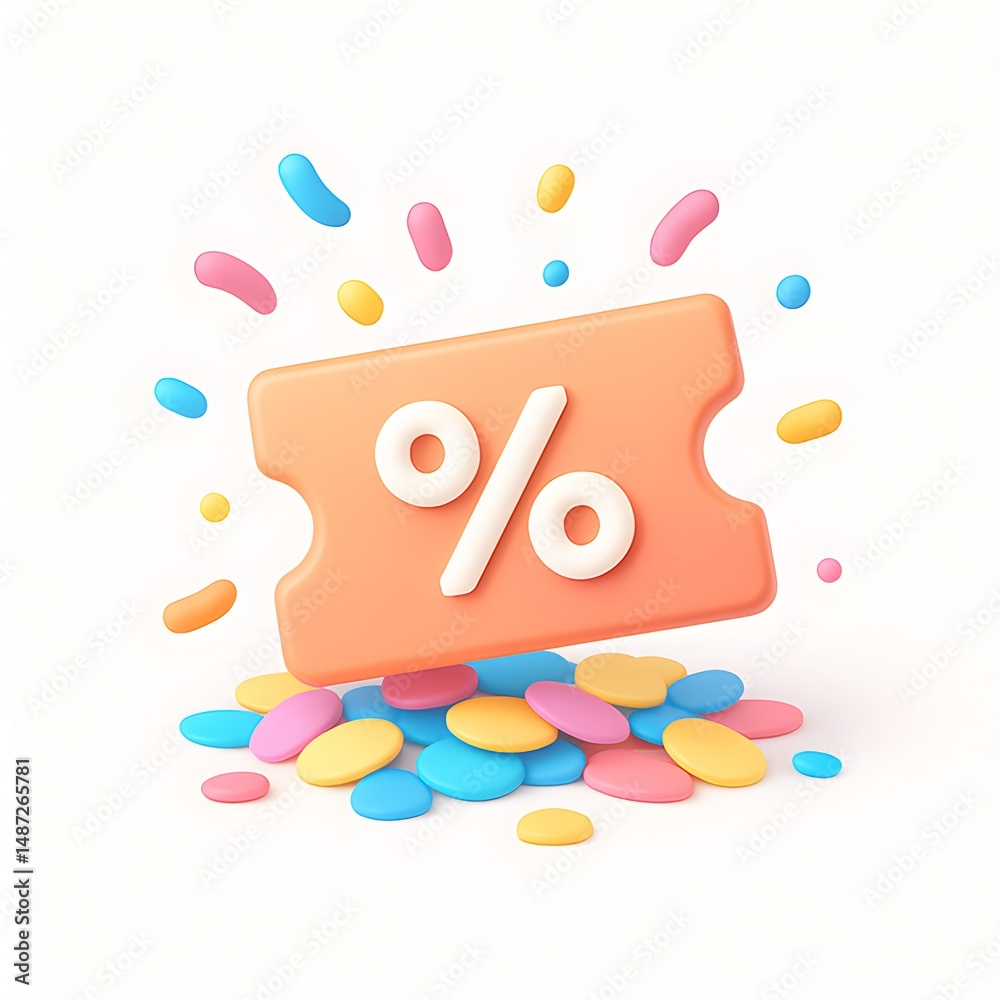 Naklejka premium 3D orange discount ticket on colorful candy confetti background representing festive promotional offers or coupon concept 