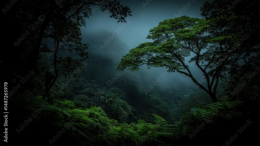 Obraz premium A lush green forest shrouded in morning fog and mist