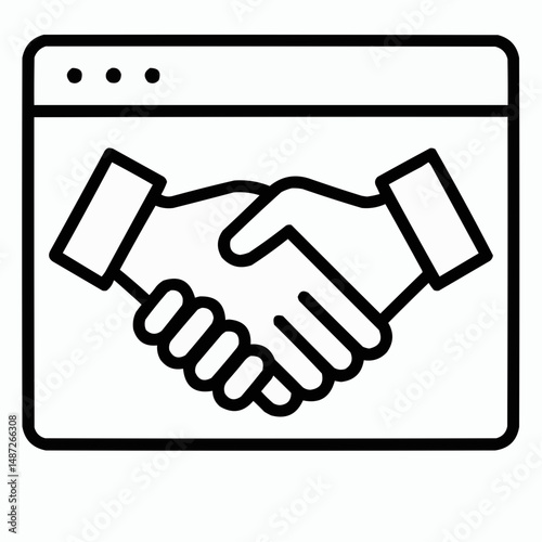 Stylized handshake inside an app window, representing peer-to-peer interaction in dApps.