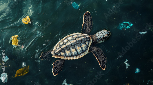 sea turtle swimming in the sea garbage floating in the sea
