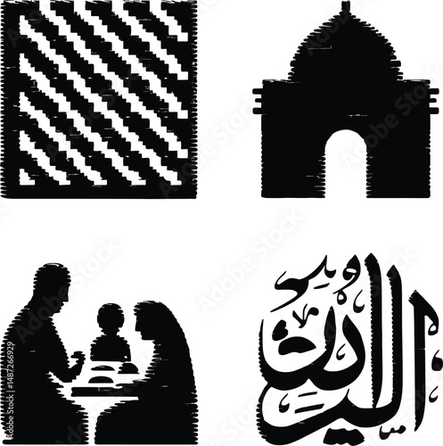 Cultural & Symbolic Representation Icon Set Featuring Four Distinct Silhouettes: A Square Frame with Diagonal Line Patterns, An Architectural Structure with a Central Arch Resembling a Mosque