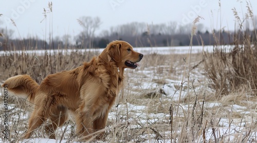 A cheerful Golden Retriever is attractively shown, displaying its lustrous golden coat and friendly demeanor. The Golden Retriever, a beloved breed known for its gentle temperament and loyalty