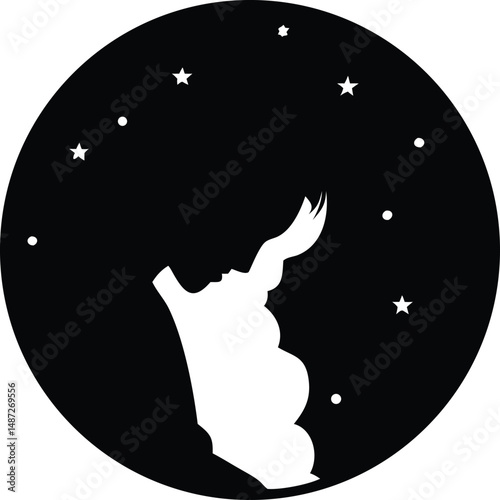 Silhouette shows expecting mother with stars inside black circle against a white backdrop