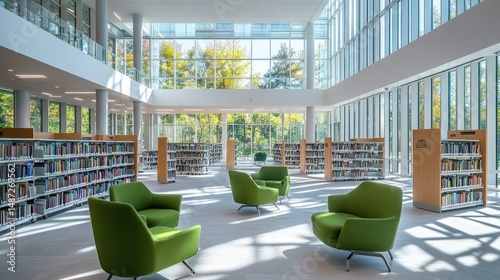 Modern library atrium, sunlight, bookshelves, reading chairs, peaceful study
