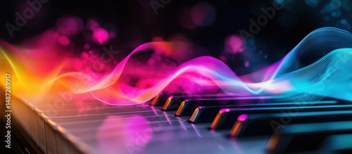 Vibrant Piano Keys with Colorful Music Waves