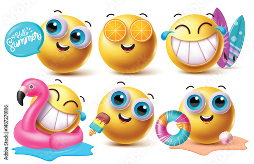 Summer emoji clipart character set, Vector illustration.
