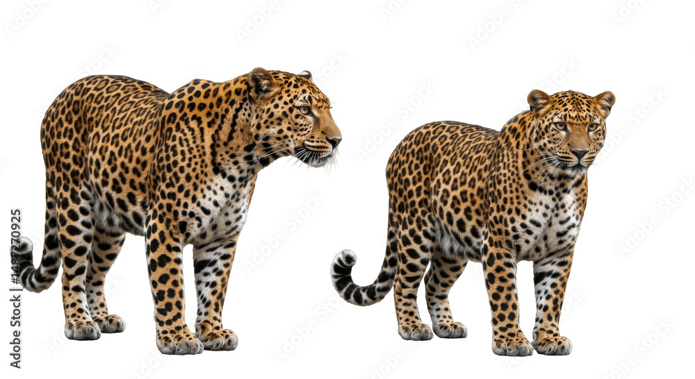 Obraz premium Two Majestic Leopards Standing Alert, Isolated on a Transparent PNG Background