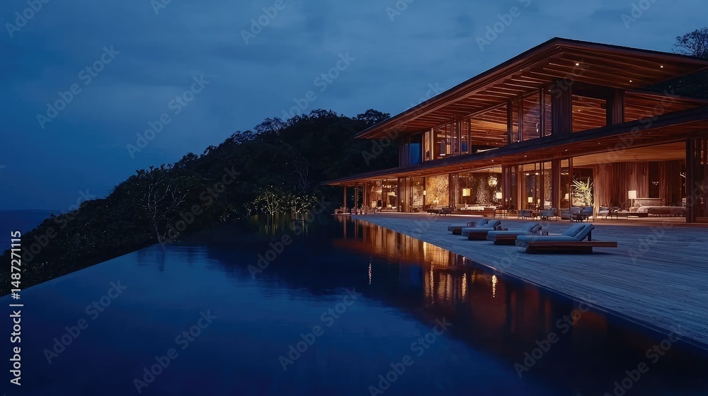 Fototapeta premium A luxurious modern home with illuminated interior and swimming pool