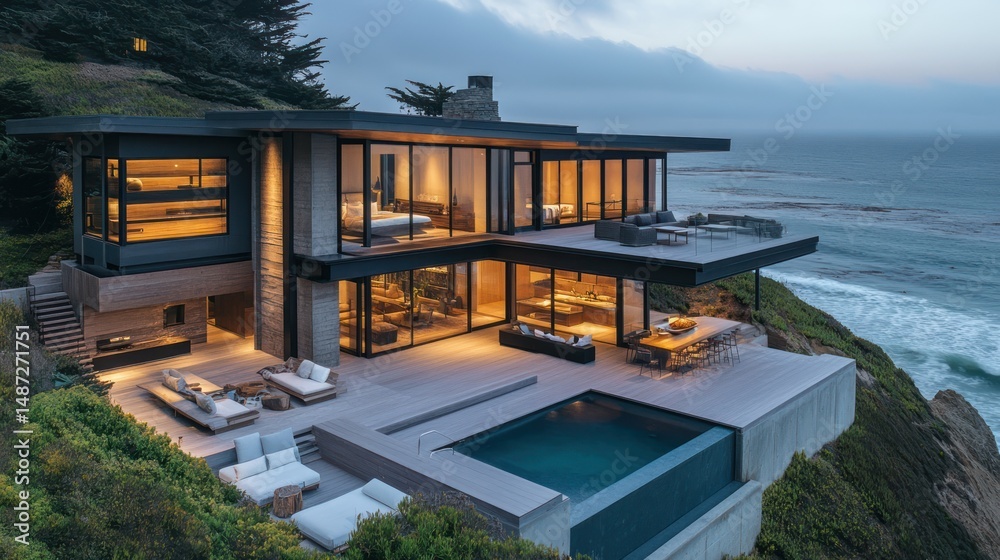 Fototapeta premium Oceanfront Modern Home Dusk Cliffside Luxury Real Estate