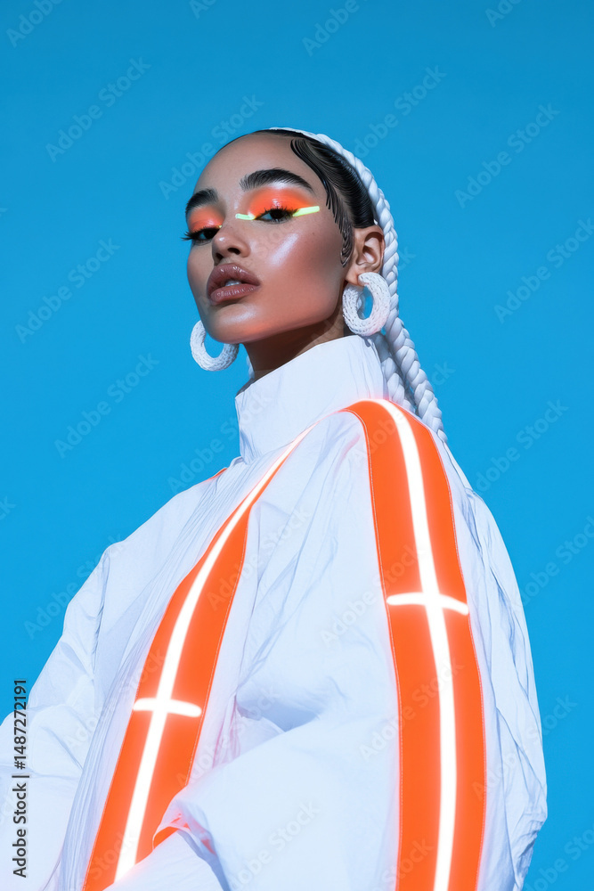 Obraz premium Fashion model wearing futuristic white jacket with orange led stripes and braids on blue background