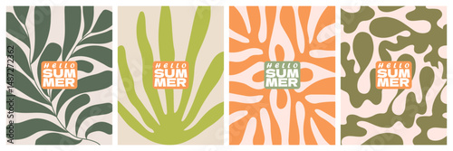 Summer day collection  greeting cards set plants . Modern  shape template poster, banner, covers, branding, labels, ads